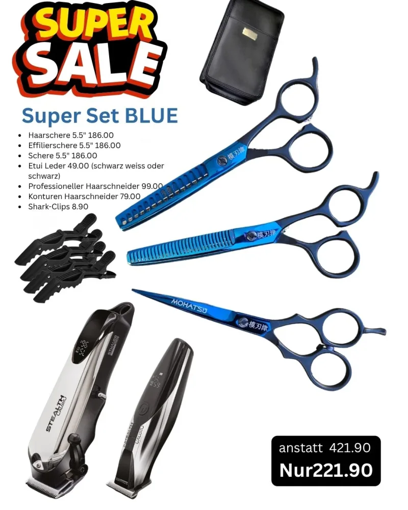 Exklusives Komplett-Set für Profis & anspruchsvolle Stylisten  Das Super Set BLUE 10-teilig vereint präzise Schneidekunst mit kraftvoller Elektro-Performance. Perfekt aufeinander abgestimmte Werkzeuge für erstklassige Ergebnisse im Salon-Alltag.