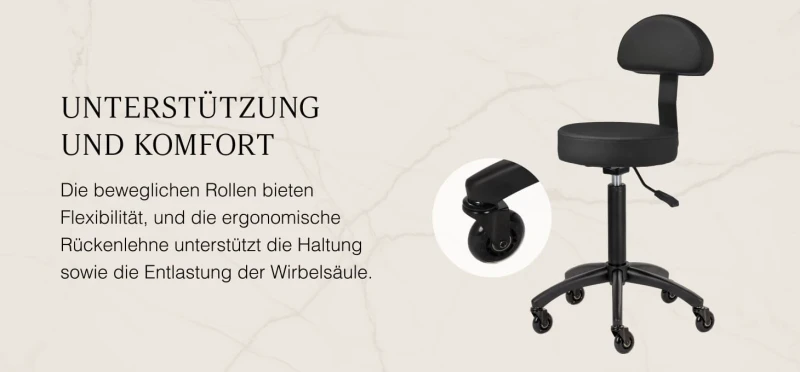 Rollhocker DORA – Mobil & ergonomisch für Salon, Studio & Praxis- SCHWARZ